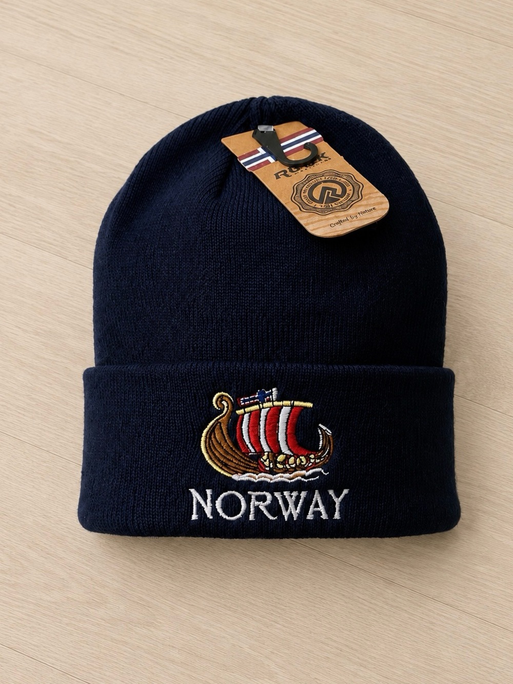 Norway Viking Ship Knit Beanie Hat Navy Blue Winter Cap NWT Unisex